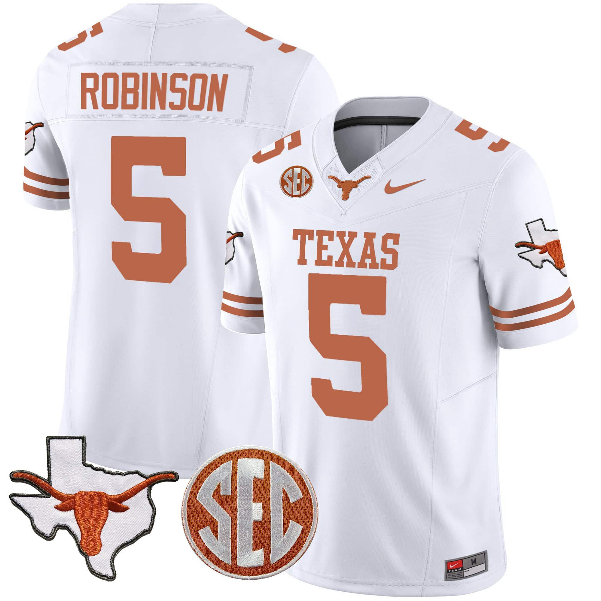 Men Texas Longhorns 5 Robinson White 2024 Nike State Map & SEC Patch Vapor NCAA Jersey